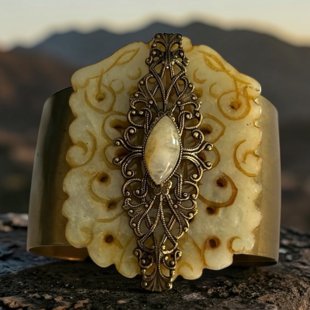 Jan Michaels San Francisco Vintage Brass Genuine Stone Chunky Cuff Bracelet